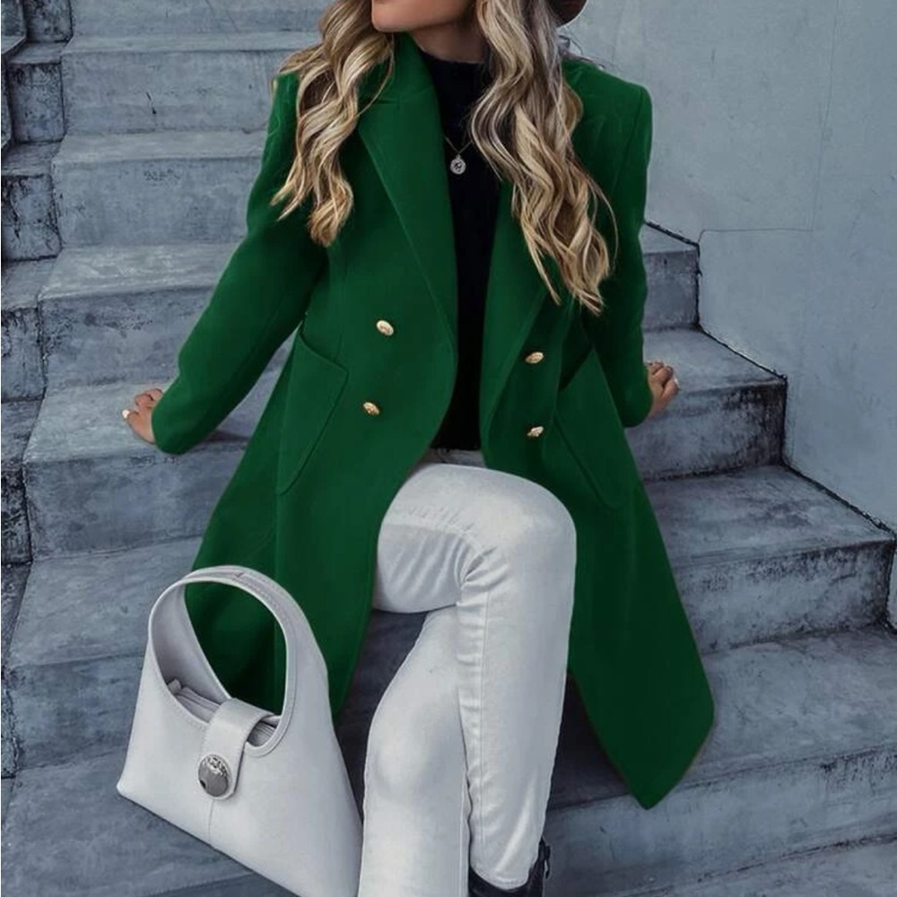 Green double breasted pea coat jacket fall